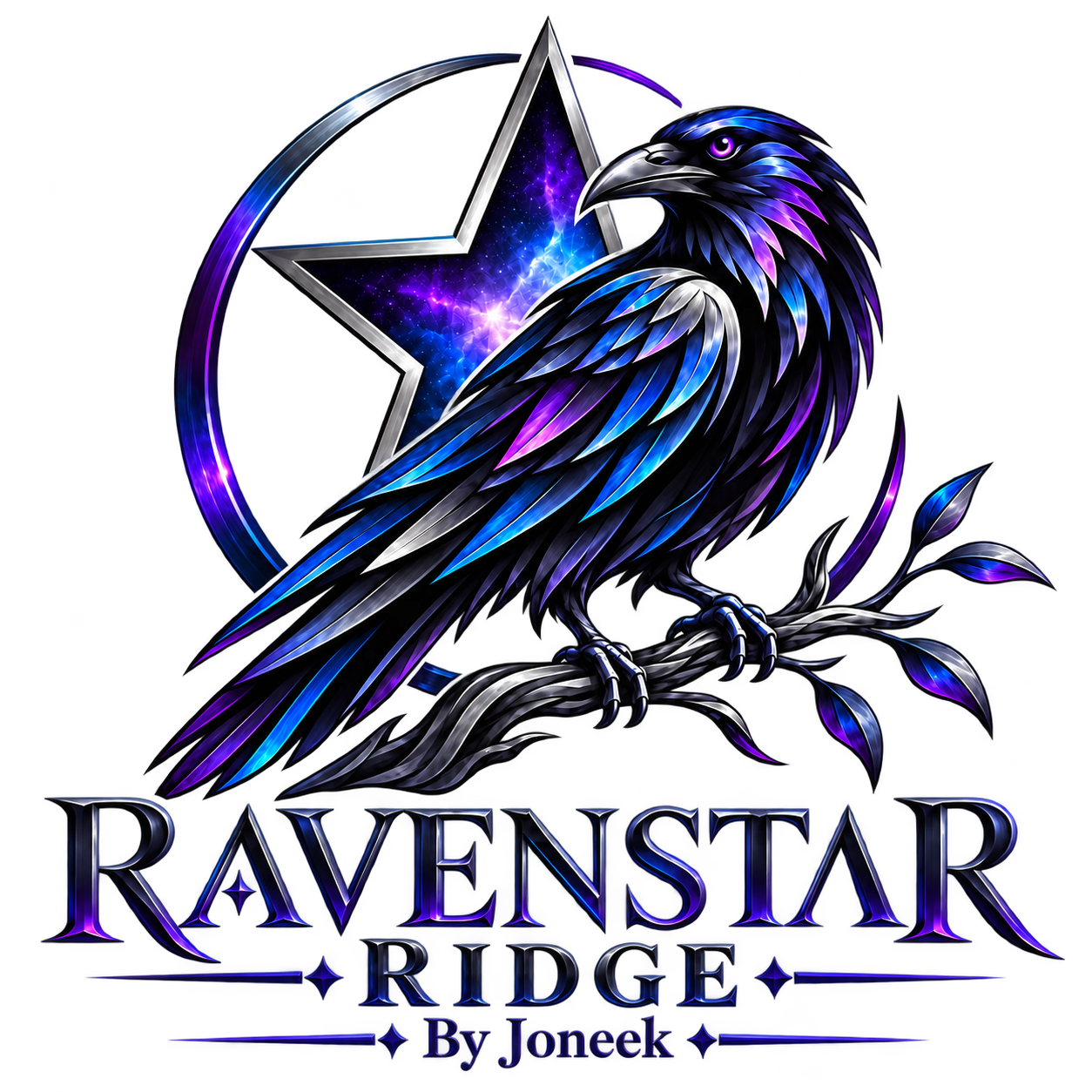 Ravenstar Ridge by Joneek: a purple and blue raven in front of a silver-edged celestial star